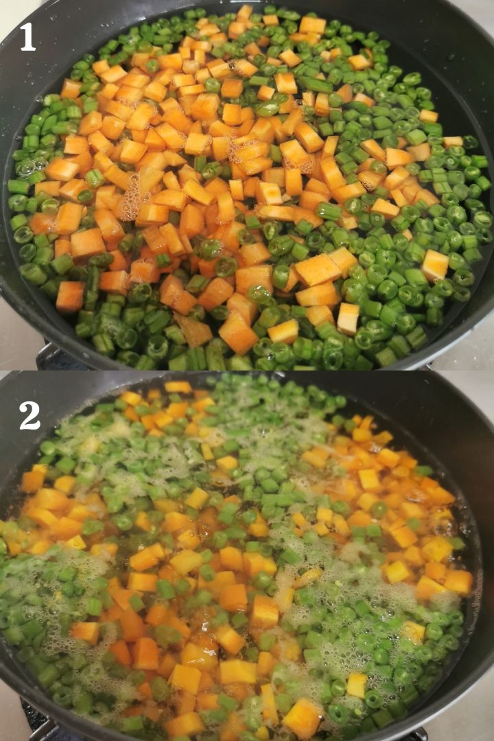 step by step guide to making South Indian style carrot beans poriyal