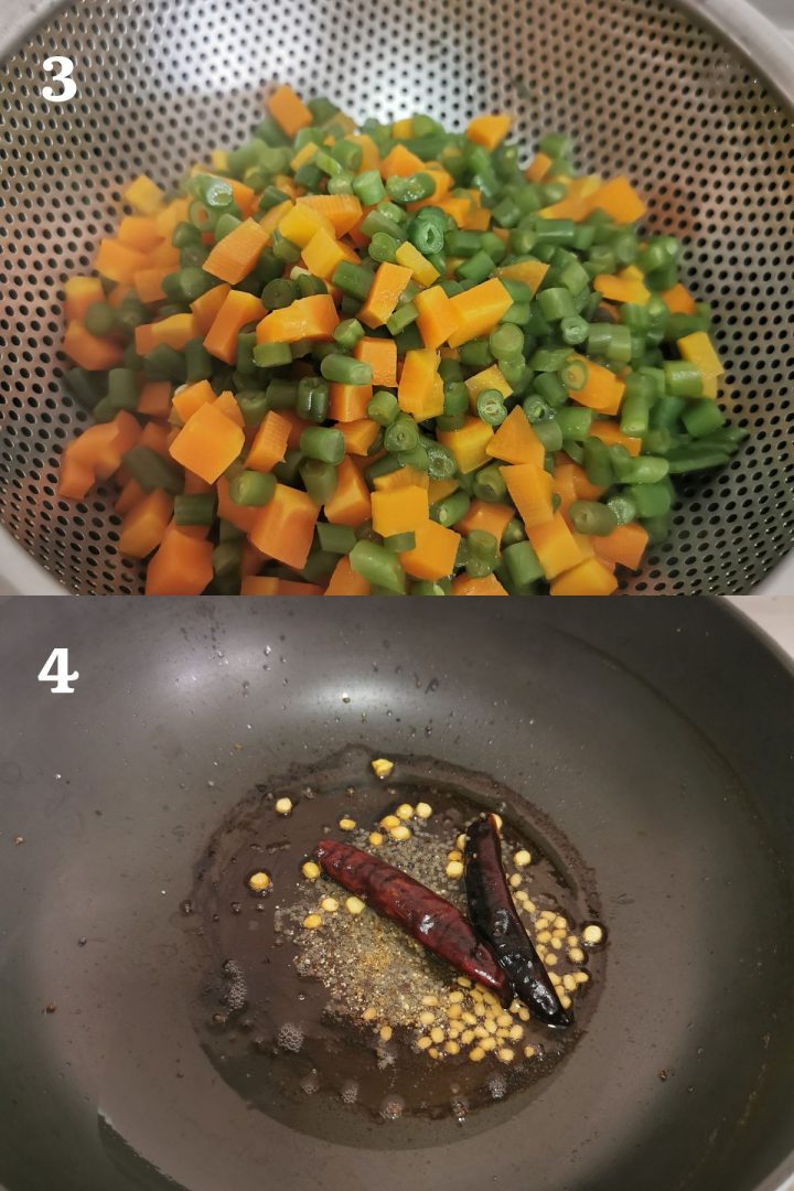 step by step guide to making South Indian style carrot beans poriyal