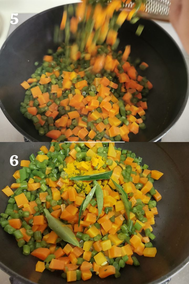 step by step guide to making South Indian style carrot beans poriyal