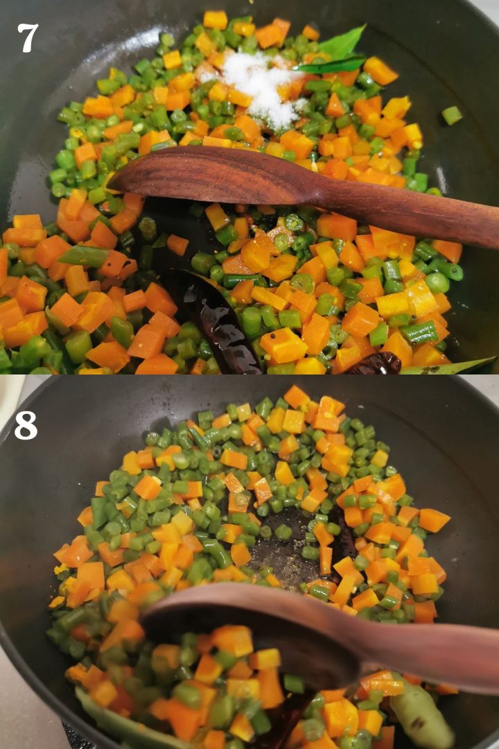 step by step guide to making South Indian style carrot beans poriyal