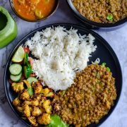 Instant pot whole masoor dal served with airfryer cauliflower and steamed rice