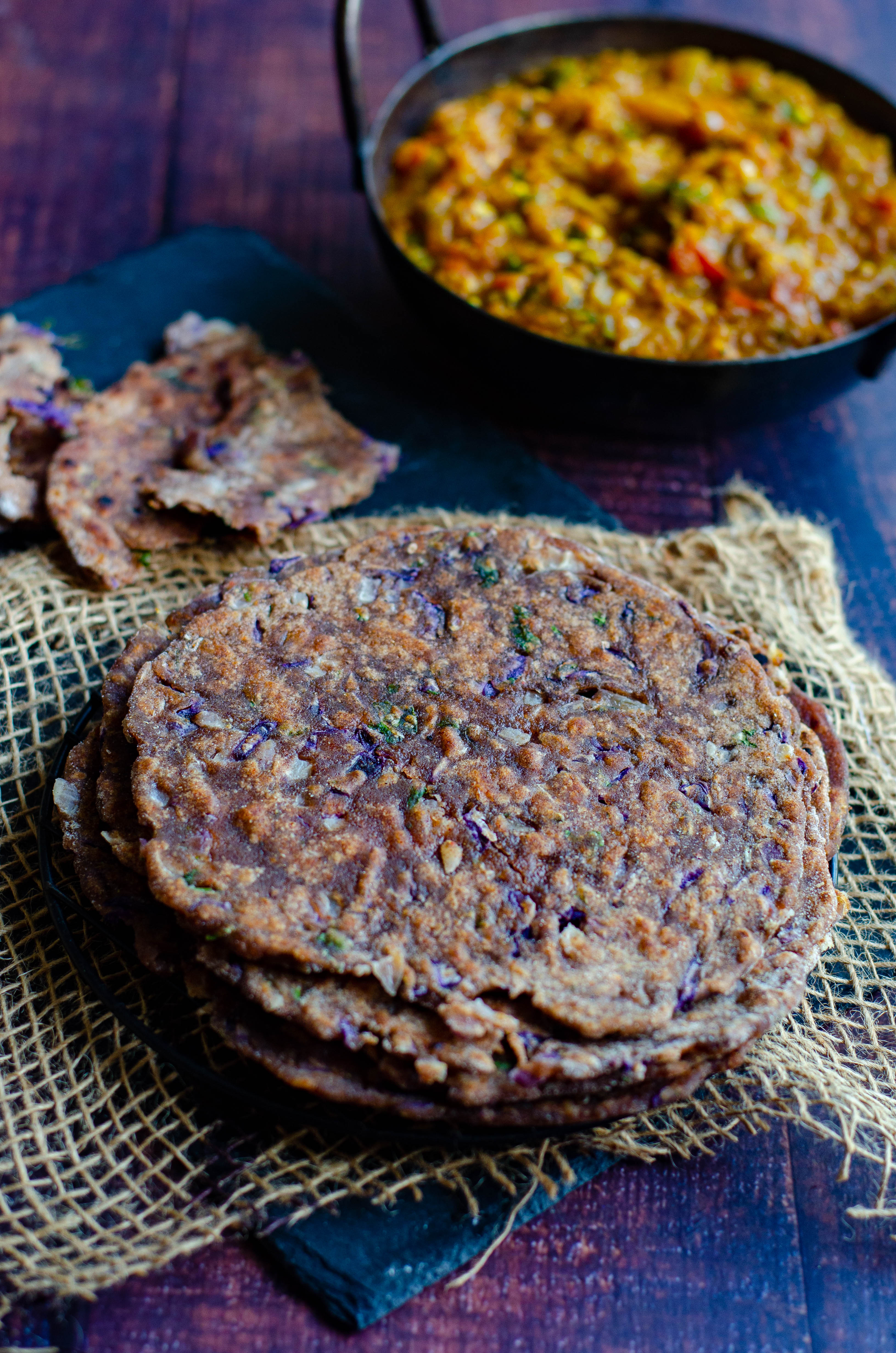 ragi wheat chapati with purple cabbage