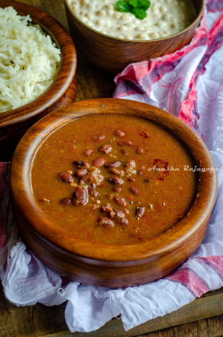 Rajma made in instant pot served in a brown wooden bowl
