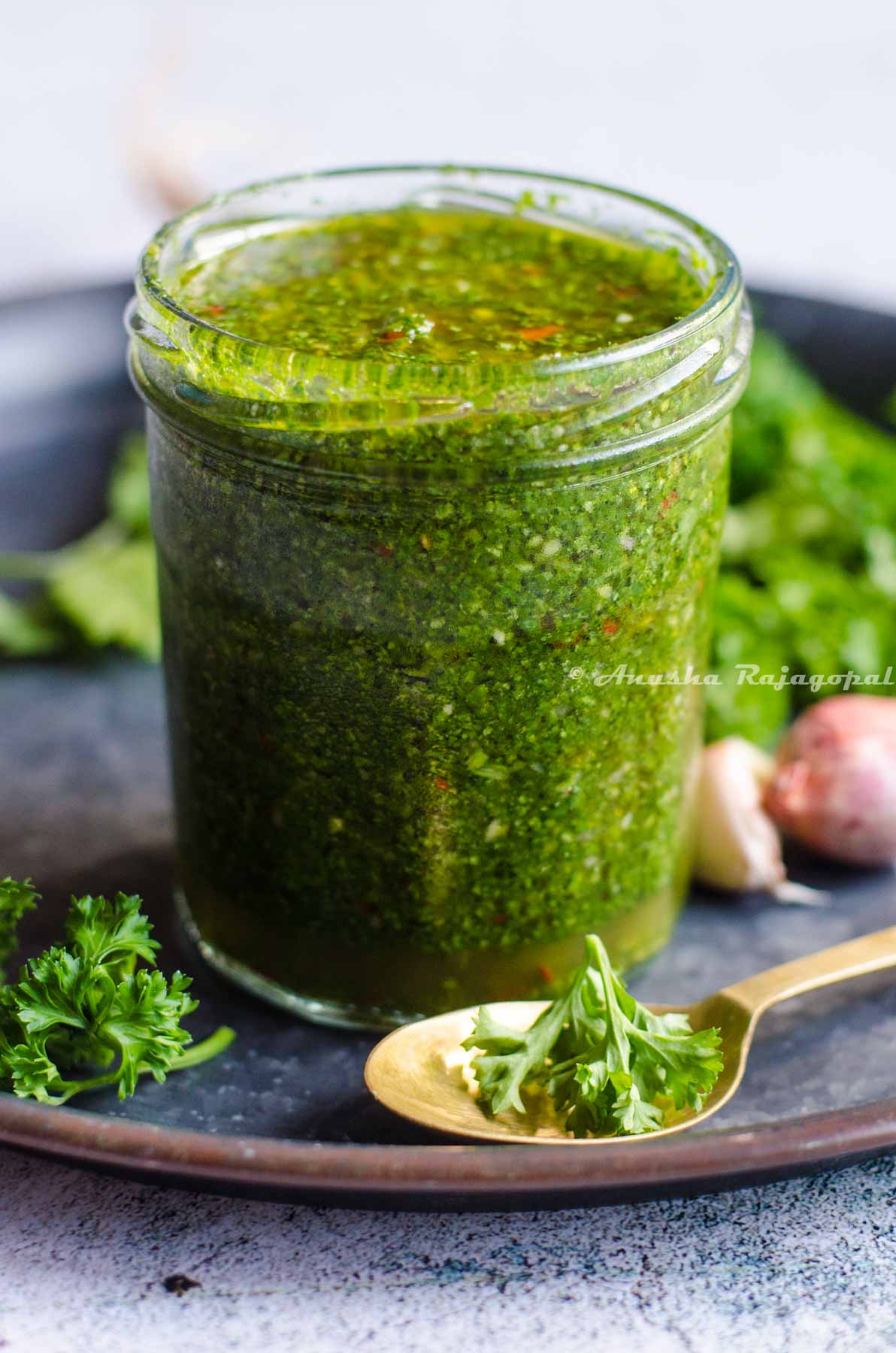 cilantro chimichurri in a glass jar