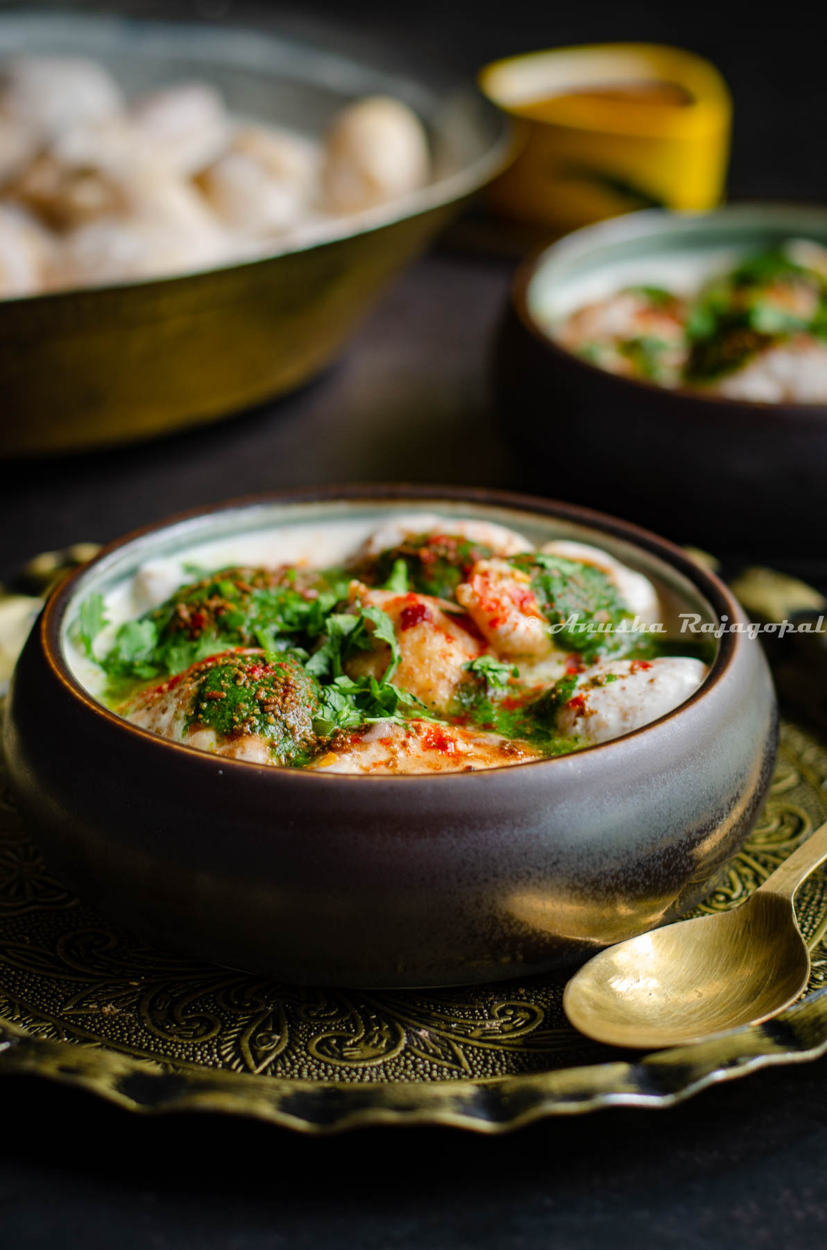 A 45 degree view of dahi bhalle chaat