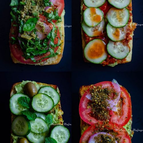 vegan avocado toast with 4 types of toppings