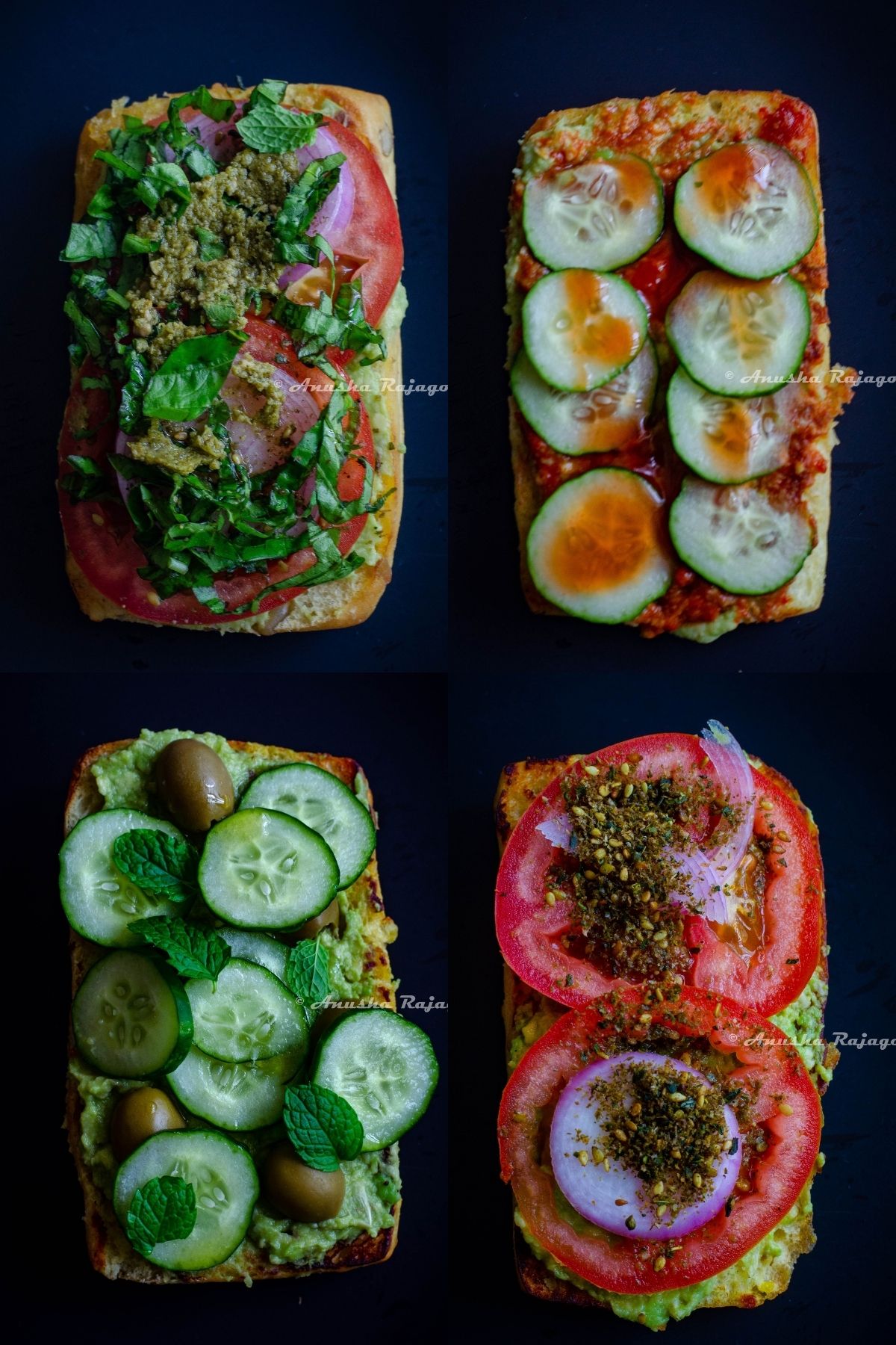 vegan avocado toast with 4 types of toppings