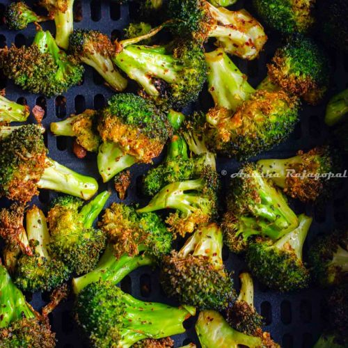 broccoli tossed with chili crisp air fried till crisp
