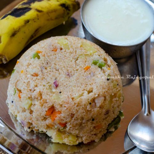 broken wheat upma with banana and yogurt in a bowl. A spoon lies by the side.