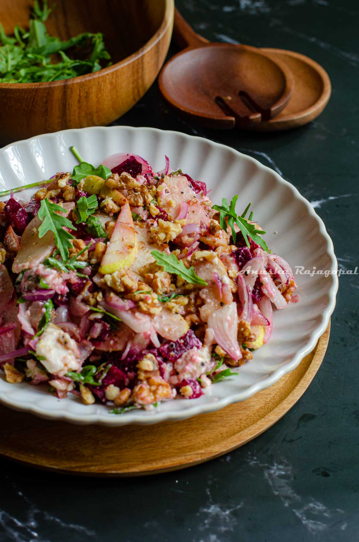 delicious winter salad with beets, pears, feta and walnuts