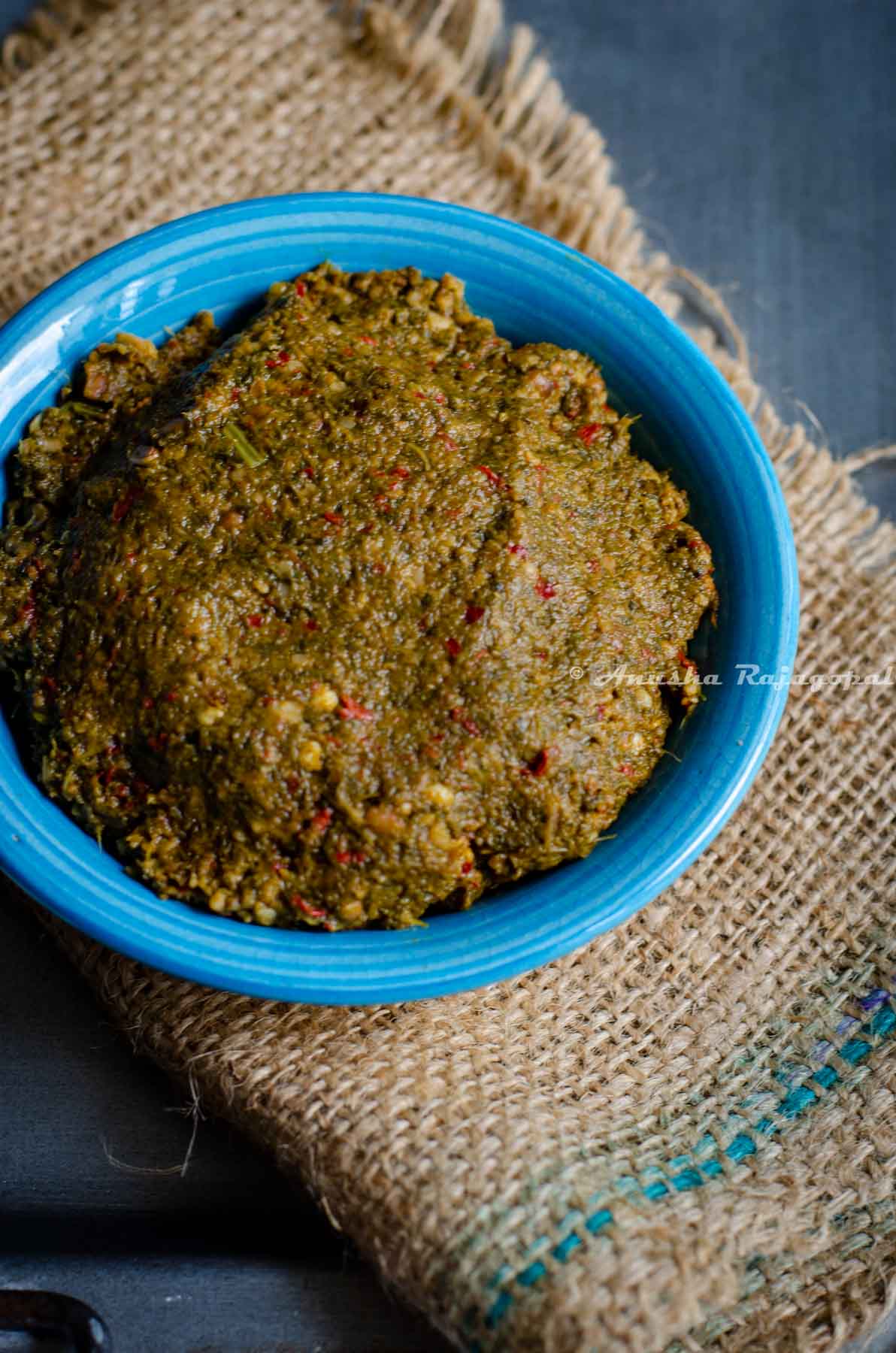 A bowl of freshly made mint thogayal