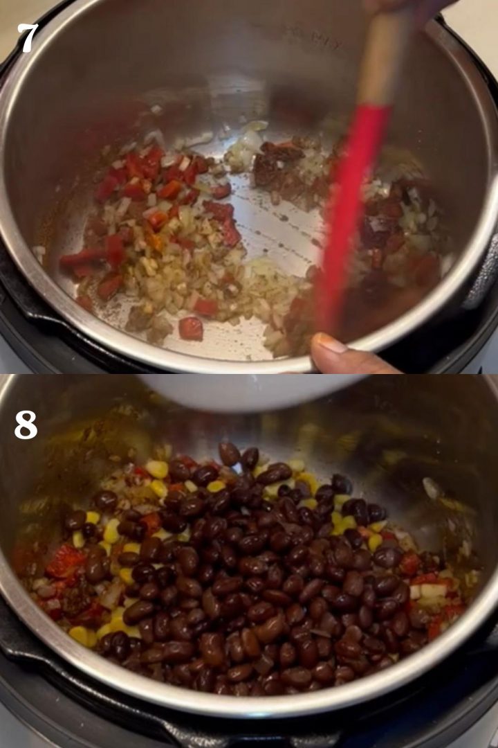 step by step guide to make tortilla soup with vegetables and black beans in the instant pot