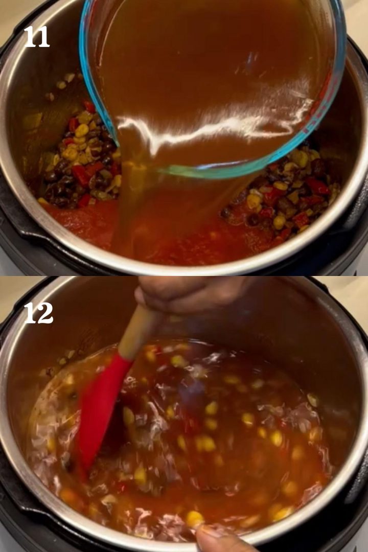 step by step guide to make tortilla soup with vegetables and black beans in the instant pot