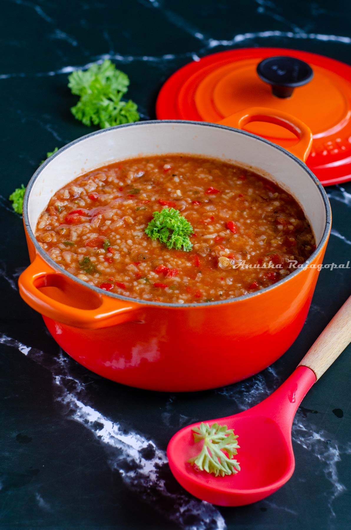 Vegan stuffed pepper soup ready to be served