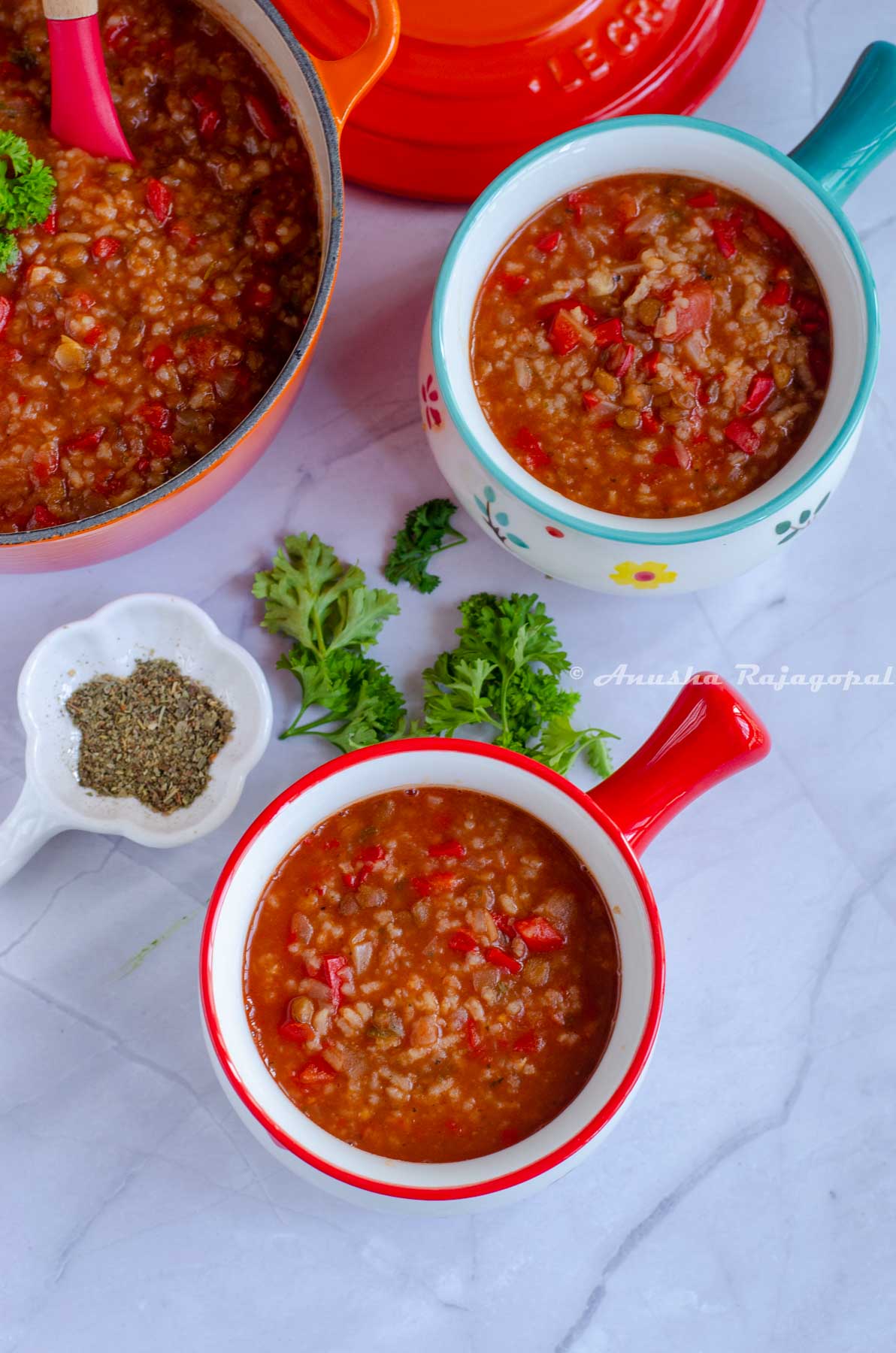 Vegan stuffed pepper soup ready to be served