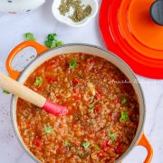 Vegan stuffed pepper soup ready to be served