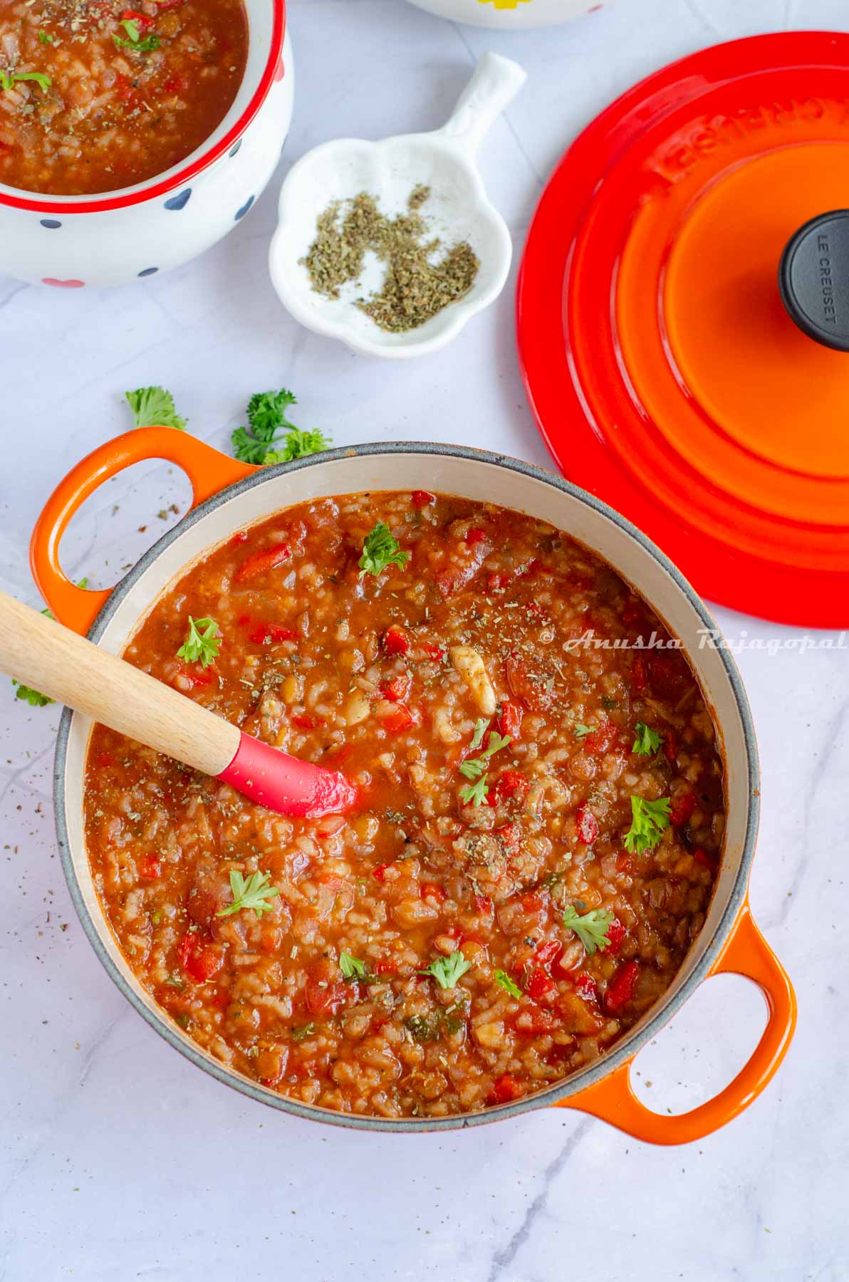 Vegan stuffed pepper soup ready to be served