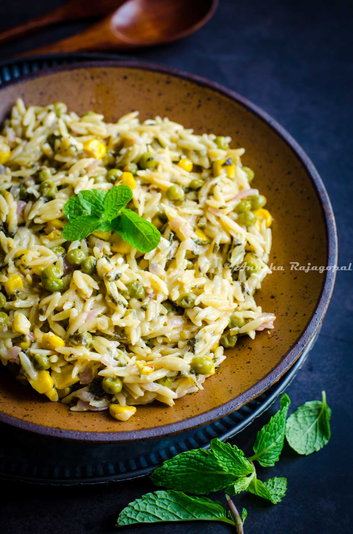A close up of vegetable lemon orzo in a bowl.